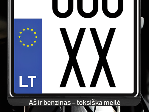 Vertikalus motociklo numerių rėmelis „Aš ir benzinas - toksiška meilė“