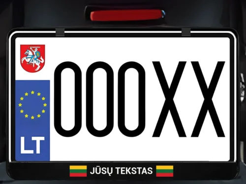 Horizontalus motociklo numerių rėmelis „Jūsų tekstas su Lietuvos vėliava“ – Juoda