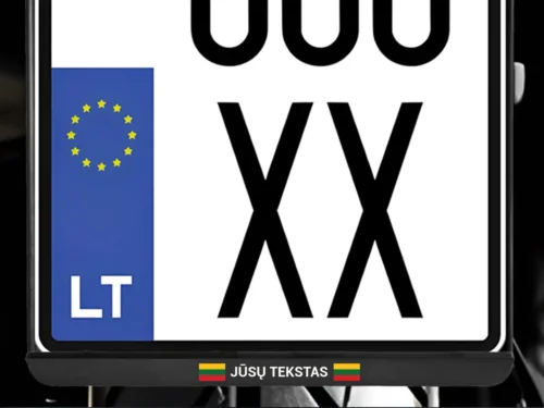 Vertikalus motociklo numerių rėmelis „Jūsų tekstas su Lietuvos vėliava“ – Juoda